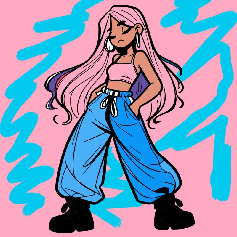 girl in baggy pants crop top and long hair