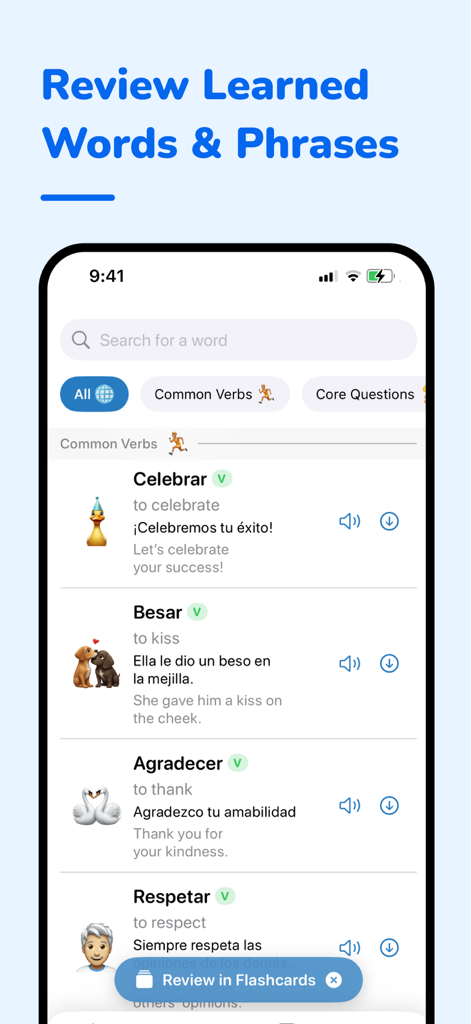FluentFlow - Interfaz de la aplicación FluentFlow que muestra una lista de verbos y frases en español aprendidos con traducciones y oraciones de ejemplo.