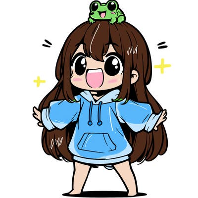a excited chibi girl whith long hair and a baggy shirt whith a frog on there head