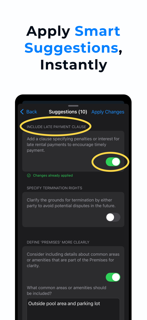 Contract Maker: Legal Draft - 契約書作成アプリで、遅延損害金条項の追加のような法的契約書のスマートな提案が表示されているモバイル画面。