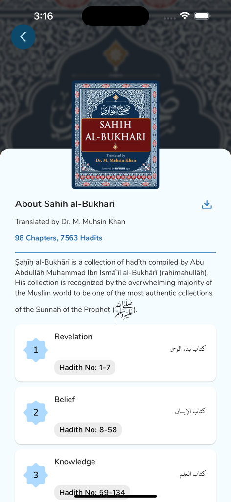 My Islam: Qur'an Prayer Tasbih - My Islam app interface showing Sahih al-Bukhari hadith collection with chapters on Revelation, Belief, and Knowledge