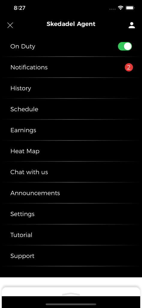 The main menu of the Skedadel Driver app showing agent status and navigation options