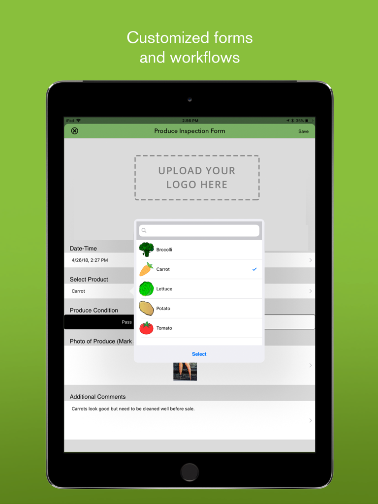 iPad zeigt ein benutzerdefiniertes digitales Formular für die Produktinspektion innerhalb der iForm Kiosk-App