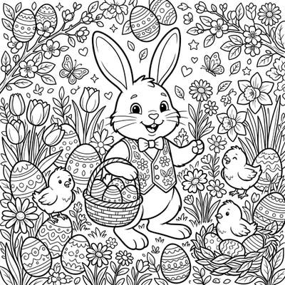 Celebrate the joy of Easter with this delightful coloring page featuring an adorable Easter Bunny surrounded by happy baby chicks. Dive into a vibrant spring scene filled with decorated eggs and beautiful blossoms, perfect for all ages.