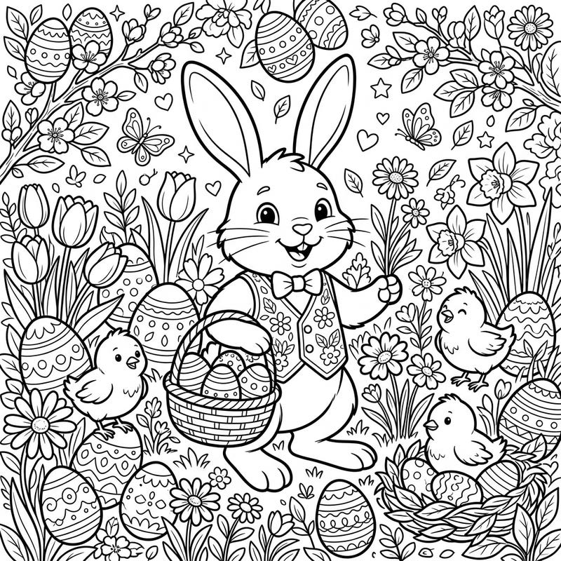Celebrate the joy of Easter with this delightful coloring page featuring an adorable Easter Bunny surrounded by happy baby chicks. Dive into a vibrant spring scene filled with decorated eggs and beautiful blossoms, perfect for all ages.