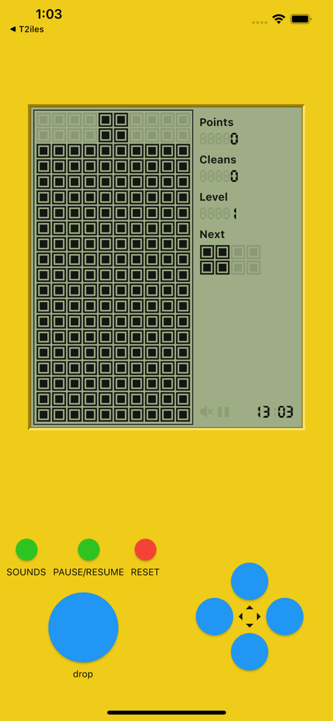 俄罗斯方块-小游戏 - A mobile game screen with a yellow retro handheld console interface featuring a classic brick puzzle on an LCD display.