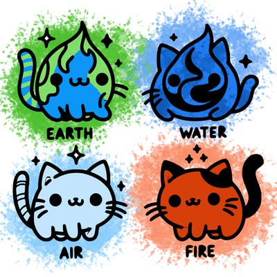 4 cats that represent the different elements, earth, water, air, and fire