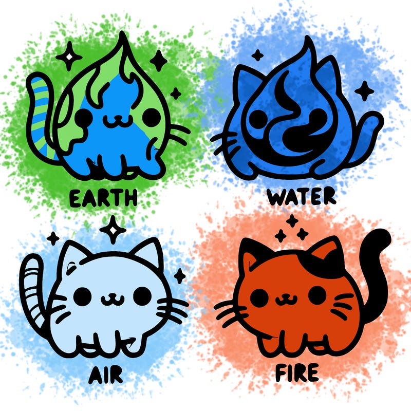 4 cats that represent the different elements, earth, water, air, and fire