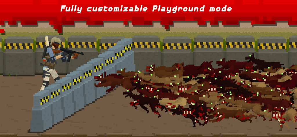 They Are Coming Zombie Defense - Soldato in pixel art che spara a un'enorme orda di zombi dietro un muro difensivo nella modalità playground personalizzabile