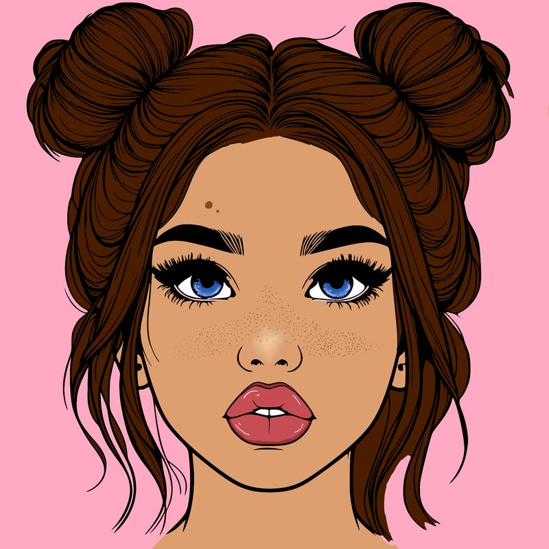 realistic girl with two buns on her hair and lips
