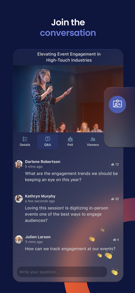 Eventspace by SpotMe - SpotMeのEventspaceのモバイルアプリインターフェース。ライブスピーカーのビデオフィードとリアルタイムQ&A会話セクションが表示されている。