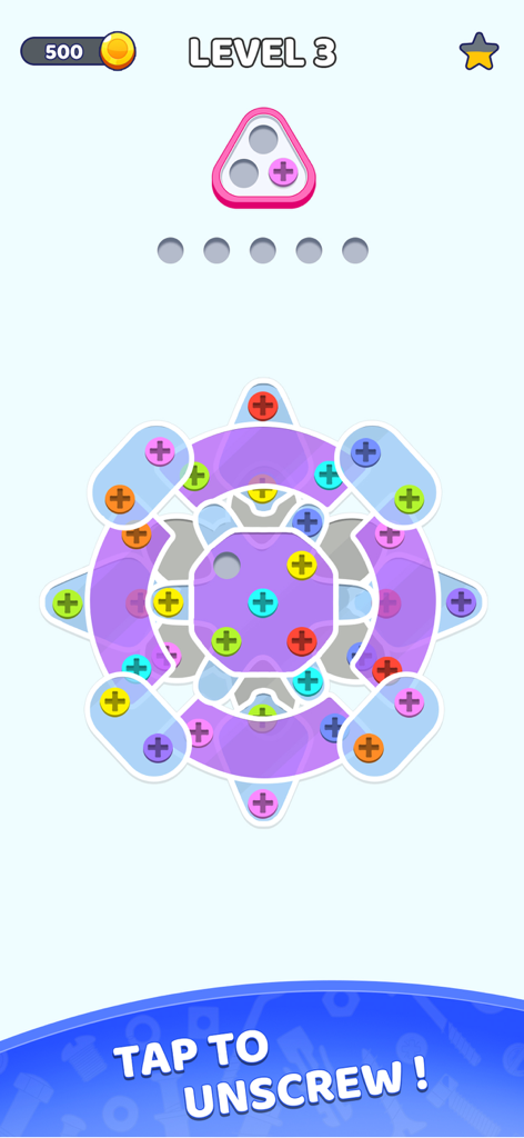 Nível de jogabilidade de Screw and Pin Jam Puzzle mostrando pinos coloridos em um tabuleiro circular.