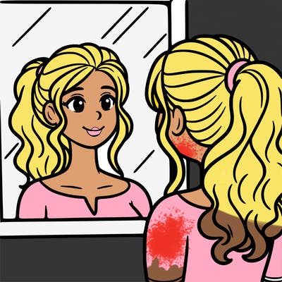 a woman looks at her reflection in the mirror