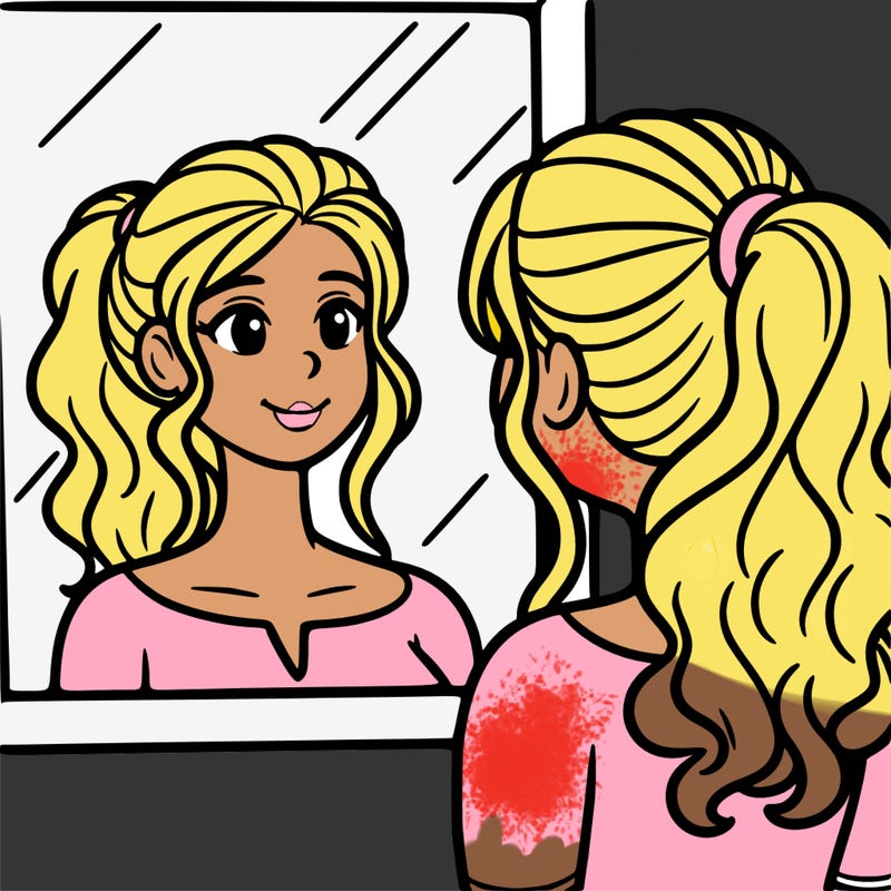 a woman looks at her reflection in the mirror