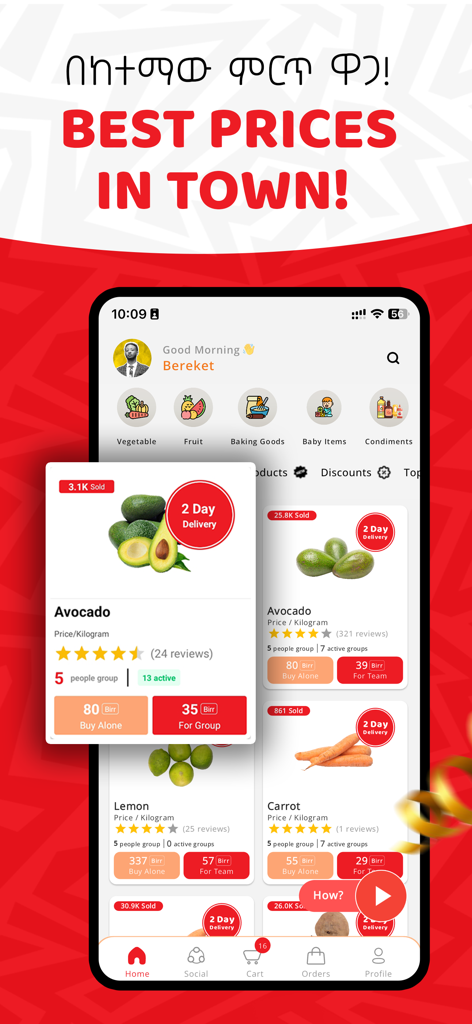 Interfaz de la aplicación ChipChip que muestra precios con descuento para compras grupales de comestibles