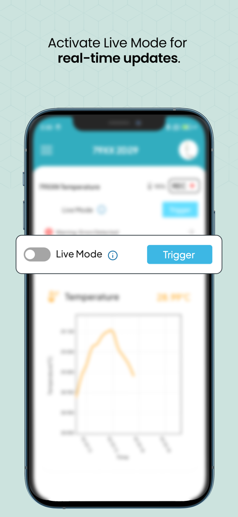 TE SensorConnect - Interfaccia dell'app TE SensorConnect che evidenzia l'interruttore Modalità Live per gli aggiornamenti dei sensori in tempo reale.