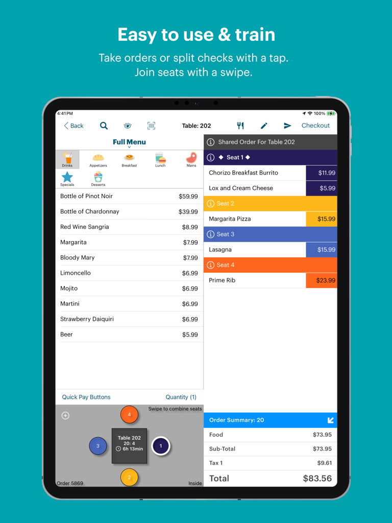 TouchBistro iPad POS interface showing a menu list and shared order with split check functionality for a restaurant table