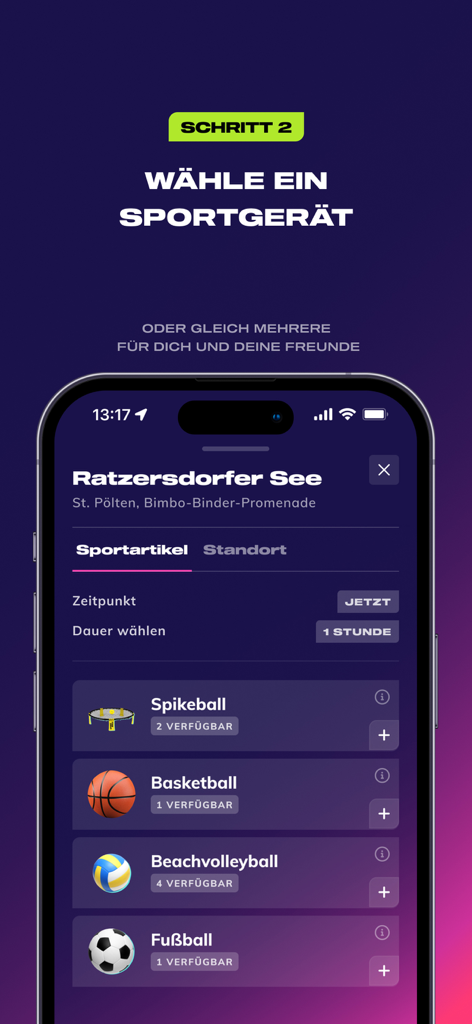 Sportogo mobile app screen showing options to rent sports equipment like basketballs and spikeball sets