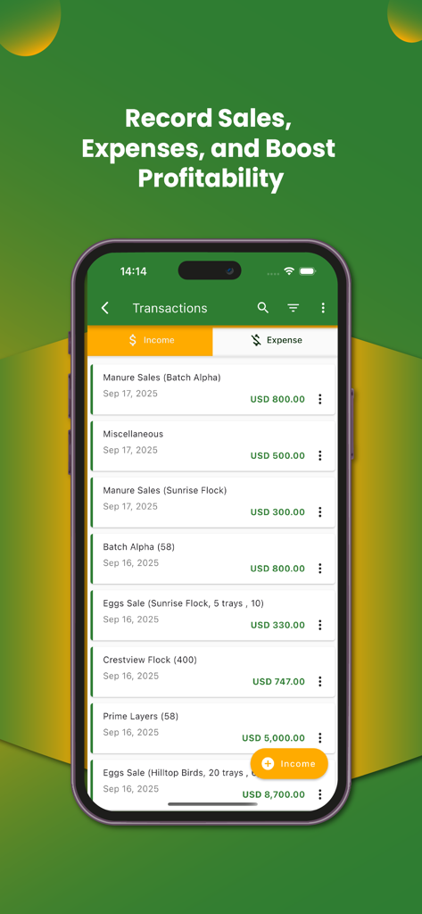 My Poultry Manager - Farm app - La pantalla de transacciones de la aplicación My Poultry Manager que muestra registros de ingresos por ventas de huevos y estiércol.