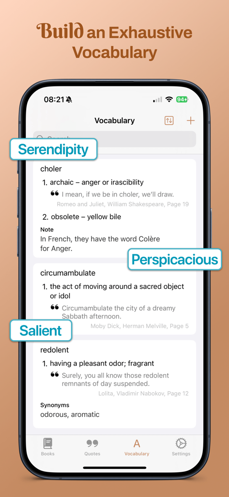 Bookopedia: Note-Taking Books - Un écran de suivi du vocabulaire dans l'application Bookopedia montrant les définitions de mots et les citations littéraires.