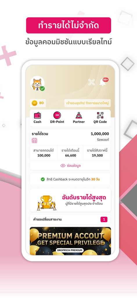 Droprich - Droprich mobile app dashboard displaying commission earnings and seller stats.