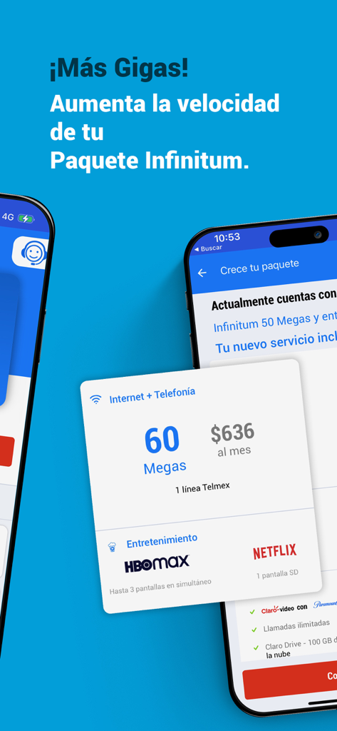 Schermata dell'app Telmex che mostra le opzioni per aumentare la velocità internet e aggiornare il pacchetto Infinitum con servizi di streaming