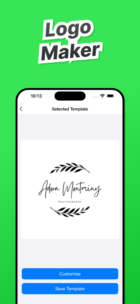 Save Status for WA +WASticker - A mobile interface showing a logo maker tool with a photography template and customization options