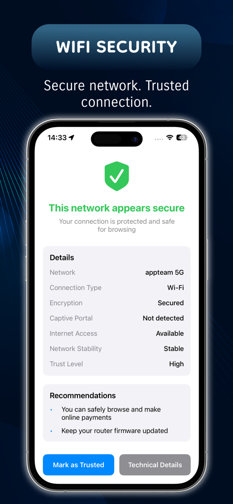 Router Password : WIFI Connect - Un teléfono inteligente que muestra un análisis de red WiFi segura con detalles como cifrado y estabilidad.
