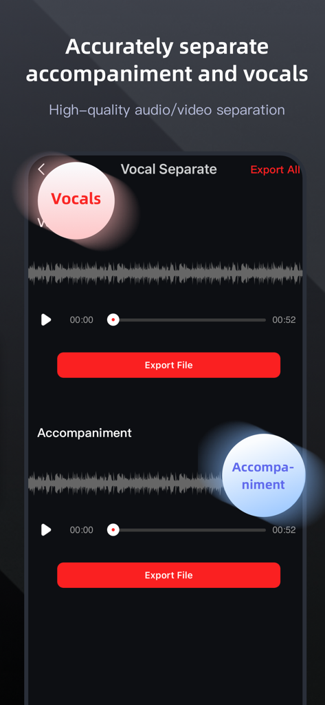 录音专家-专业录音转文字助手 - Interface showing high quality audio separation into vocals and accompaniment with waveforms and export buttons