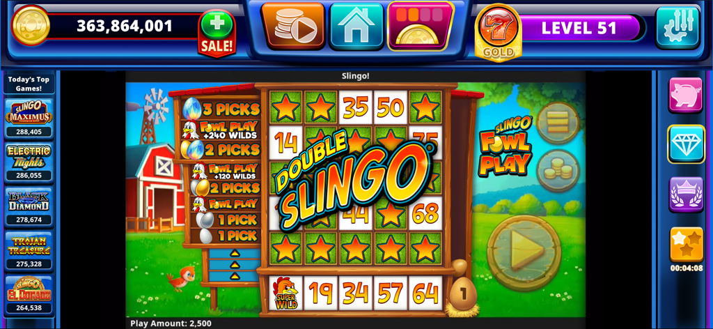 Slingo Arcade mobile game interface showing a Double Slingo win in a farm themed level called Fowl Play