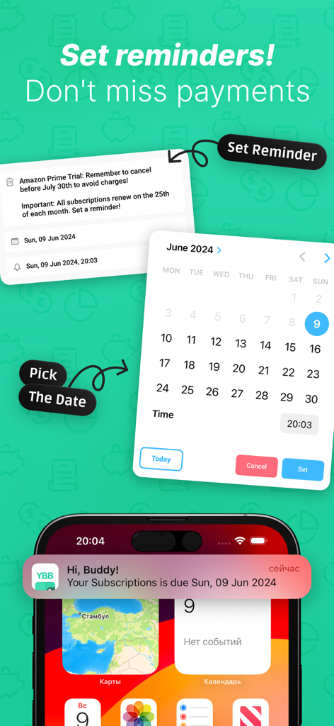 YBB Budgeting app screen showing payment reminders and mobile notification for subscriptions.