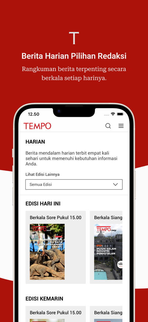 TEMPO - Interfaz móvil de la aplicación de noticias TEMPO mostrando selecciones editoriales diarias y ediciones de periódicos.
