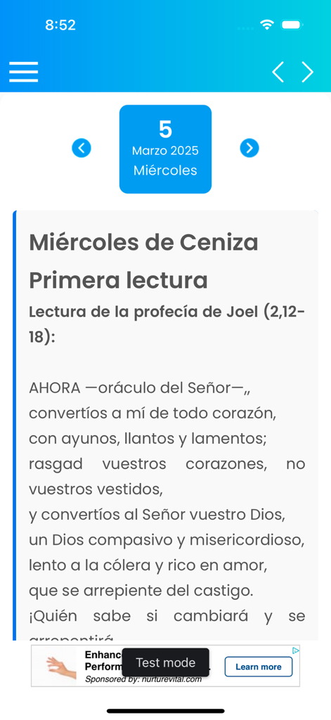 Evangelio del dia Explicado - Interfaccia dell'app con la lettura biblica del Mercoledì delle Ceneri.