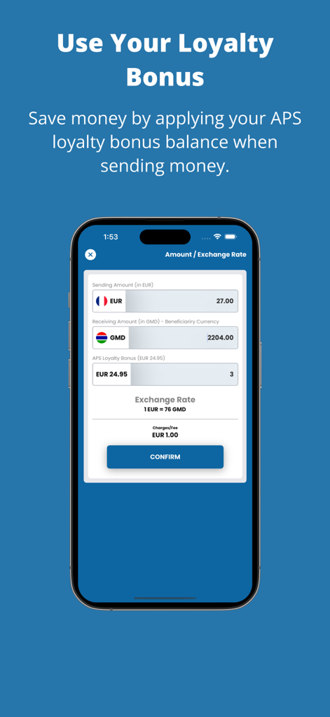 APS Money Transfer app screen showing how to apply loyalty bonus points for EUR to GMD transfers.