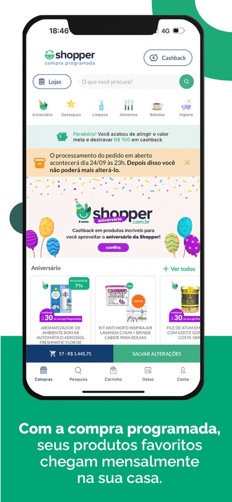 Shopper app home screen showing scheduled grocery delivery and product categories