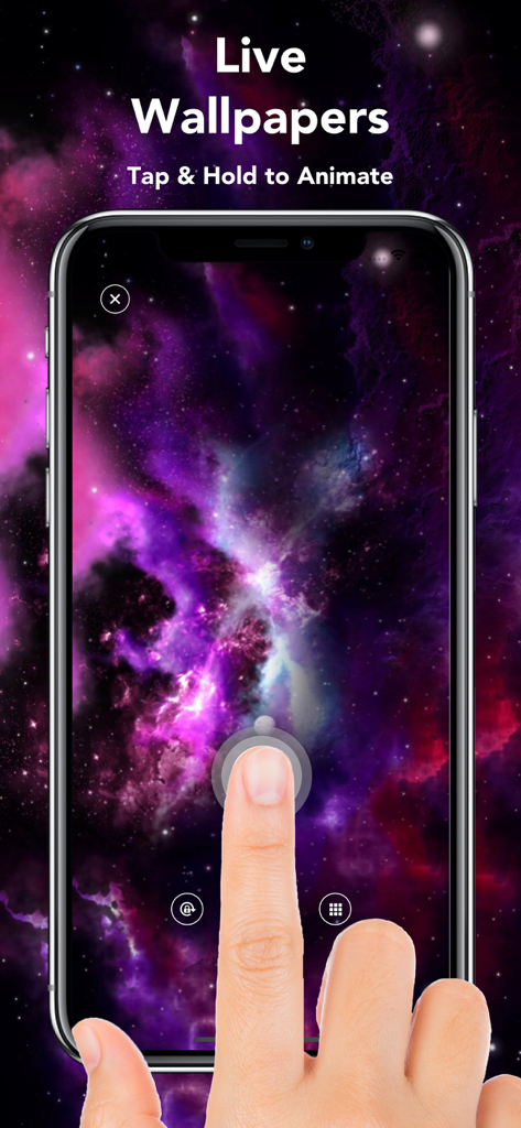 An iPhone displaying a vibrant purple galaxy live wallpaper with a touch interaction