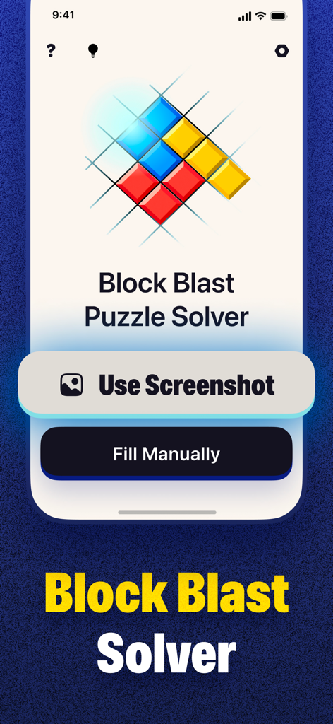 Block Blast Puzzle Solver interface showing Use Screenshot and Fill Manually buttons