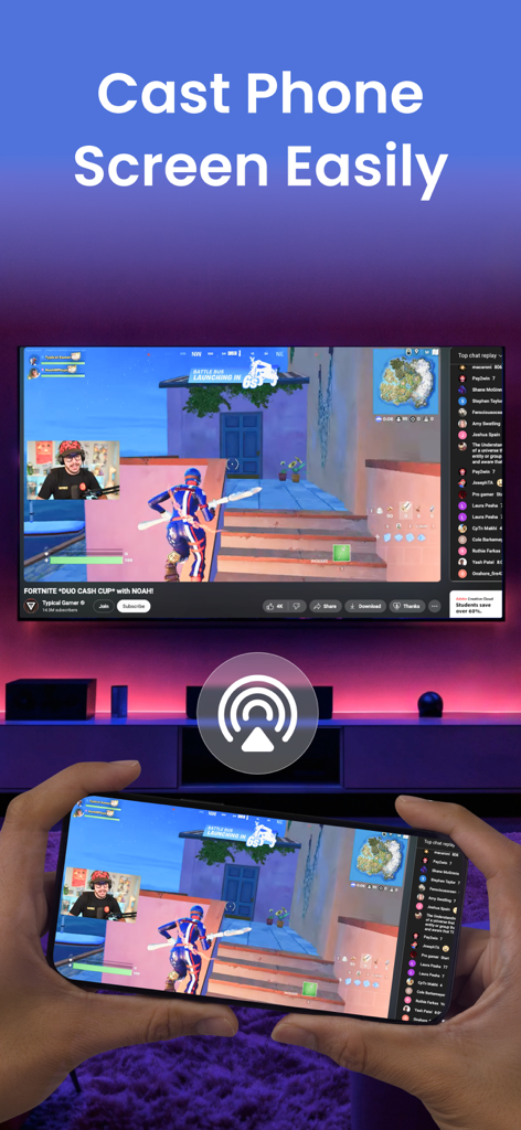 Screen Mirroring・Smart TV Cast - A person using a smartphone to cast a video game to a large smart TV wirelessly