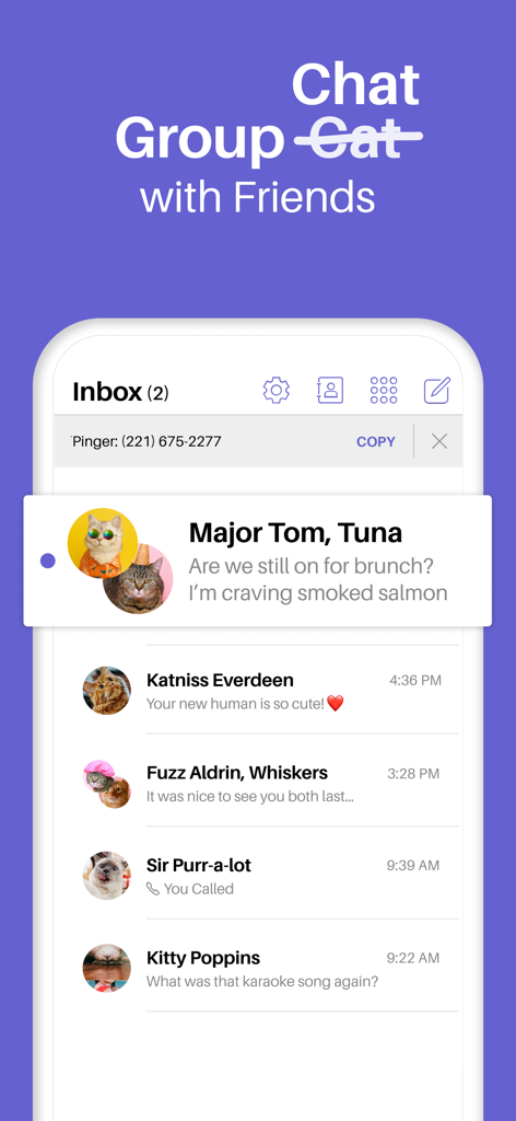 Pinger: Call Plus Texting App - Screenshot of Pinger app showing a list of group chat messages in a mobile inbox