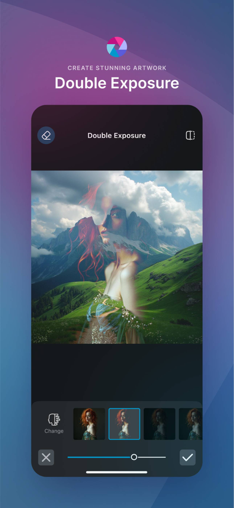 Pixlr AI Photo & Video Editor - Pixlr mobile app showing the double exposure feature blending a woman's portrait with a mountain landscape