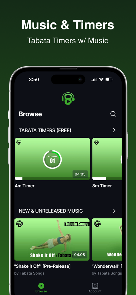 Tabata Songs Plus - Tabata Songs Plus app browse screen displaying workout timers and unreleased music