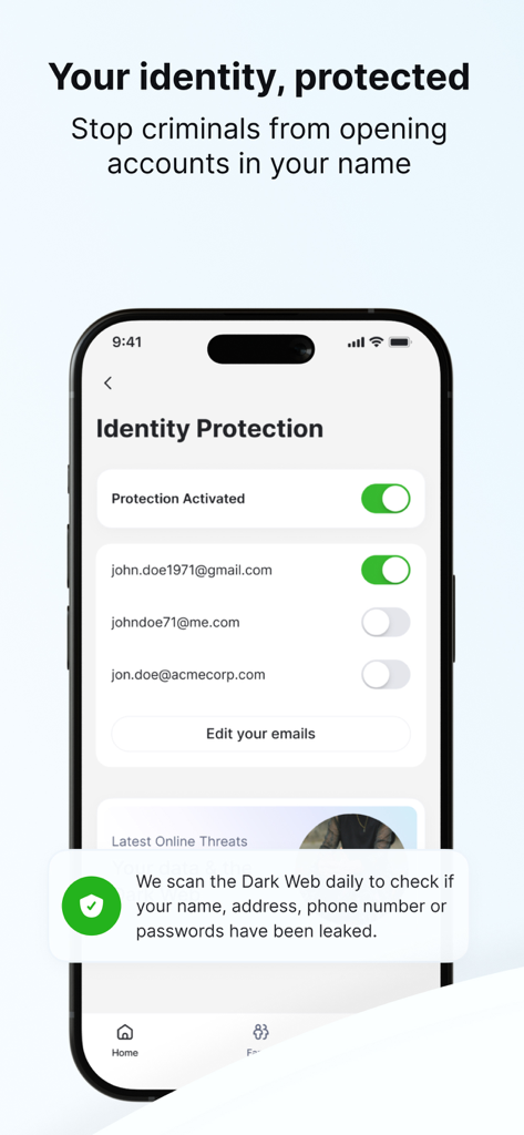 Control+ Security & Protection - Interface de l'application Control plus montrant les paramètres de protection de l'identité avec une notification sur la surveillance du dark web pour les fuites de données personnelles.