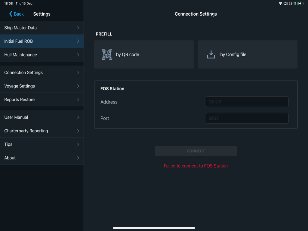 Verbindungseinstellungen und FOS-Stationskonfiguration in der Wärtsilä SmartLog App