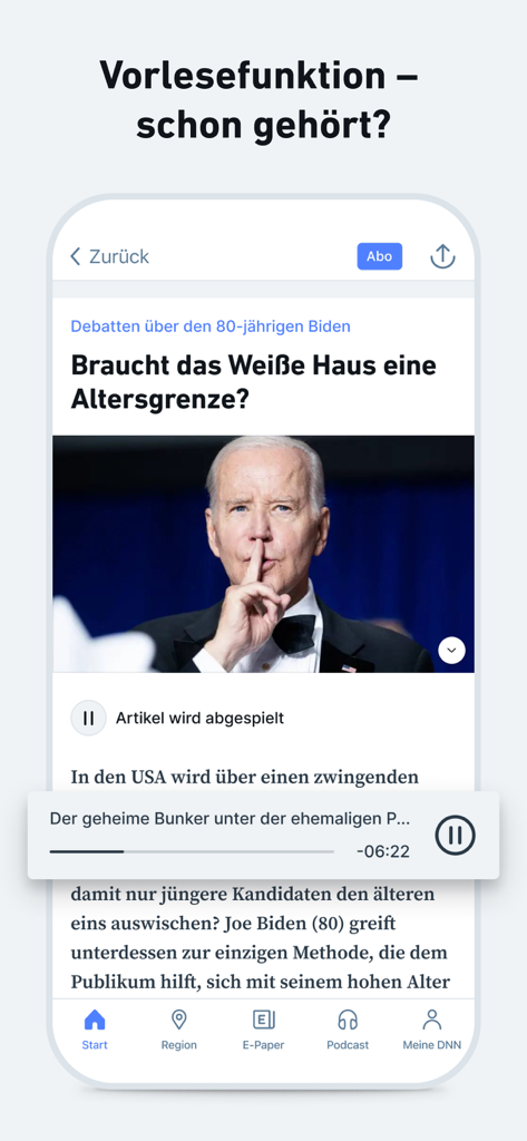 Uno screenshot dell'app di notizie DNN che mostra la funzione integrata di lettura ad alta voce su un articolo sulla politica statunitense.