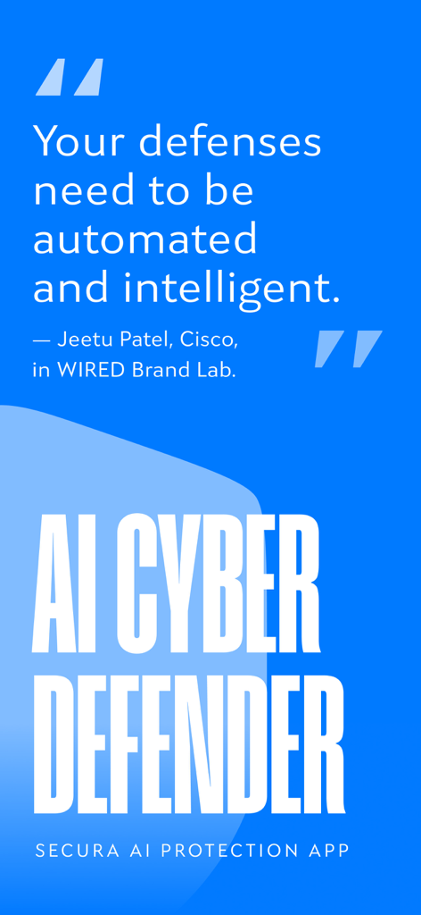 Écran promotionnel de l'application de protection IA Secura présentant une citation de Jeetu Patel de Cisco sur les défenses automatisées et intelligentes.