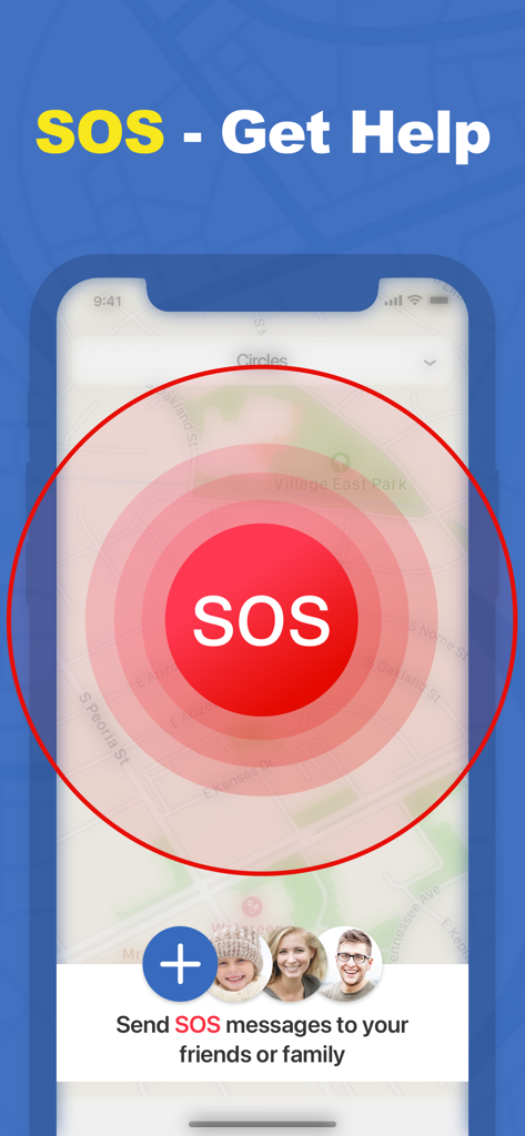 Une interface de smartphone affichant un grand bouton SOS rouge sur une carte pour envoyer des alertes d'urgence à la famille et aux amis.