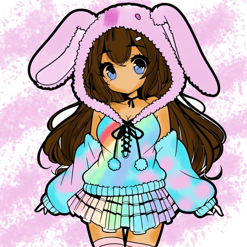 pretty anime girl wearing a fluffy hoodie with bunny ears on the hood and a skirt