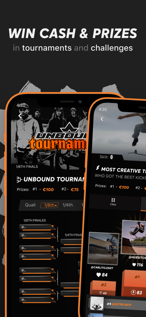 CityLegends: Skate BMX Parkour - Mobile app screen showing street sports tournaments with cash prizes and brackets.