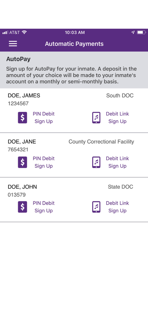 ConnectNetwork app screen for setting up automatic payments to inmate accounts for PIN debit and tablet services