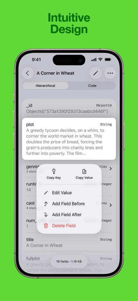 MongoPie - MongoPie mobile app interface showing intuitive MongoDB document editing tools on an iPhone